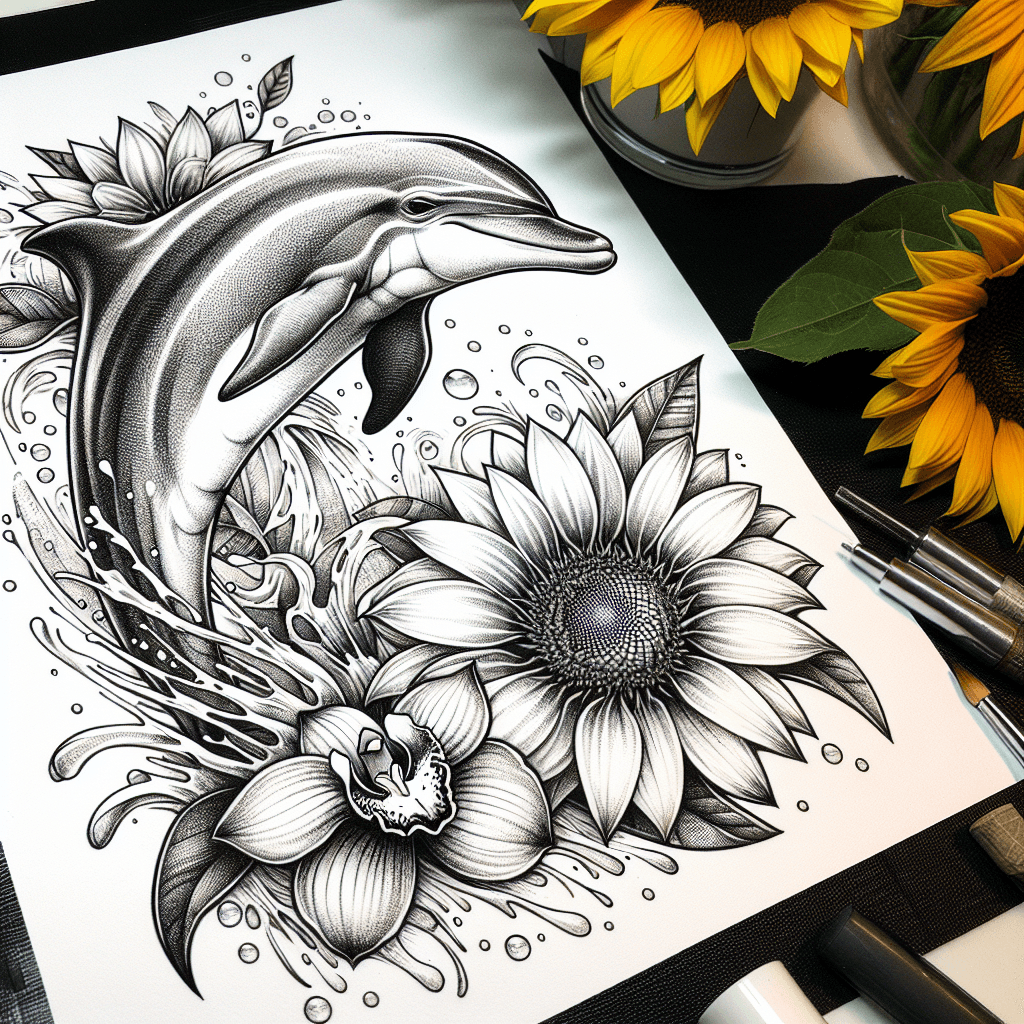 Dolphin With Sunflowers And Orchid