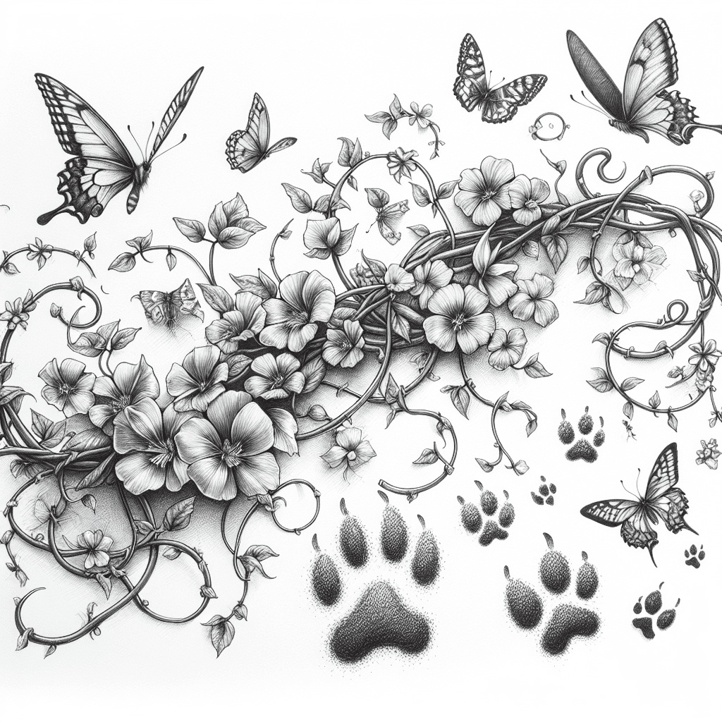 Flowers On A Vine Surrounded By Butterflies And Paw Prints Edgy Alternative