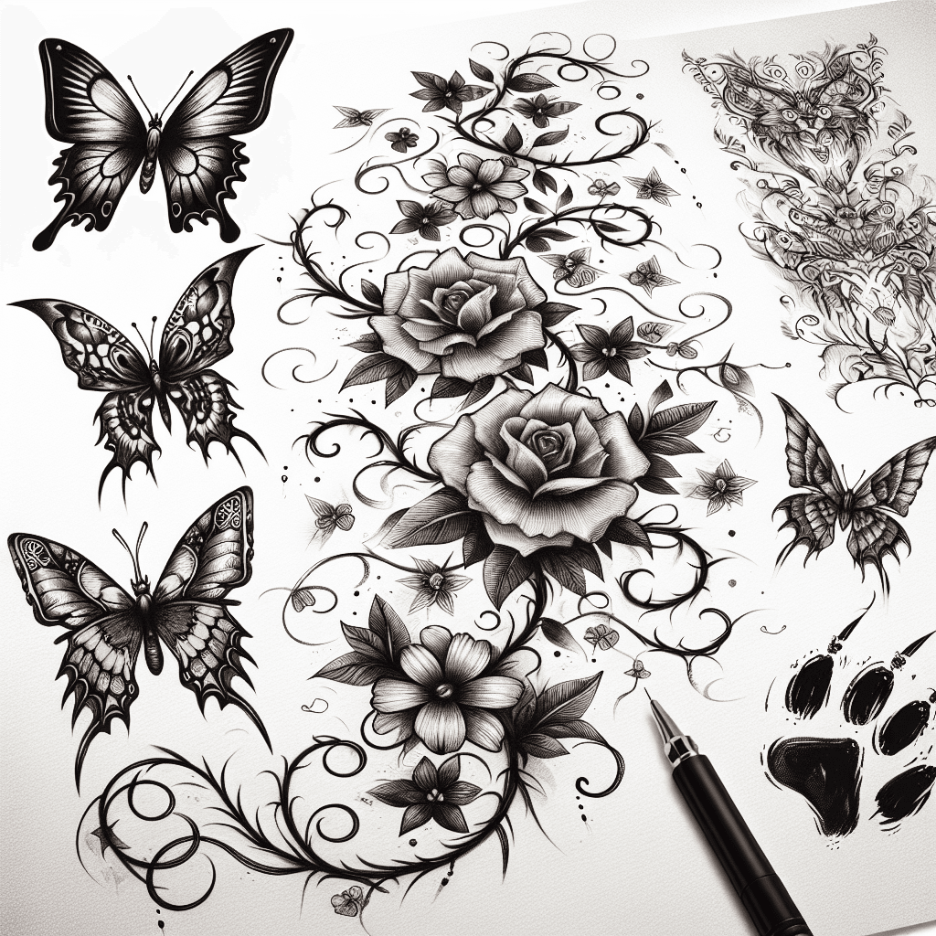 Flowers On A Vine Surrounded By Butterflies And Paw Prints Edgy Alternative