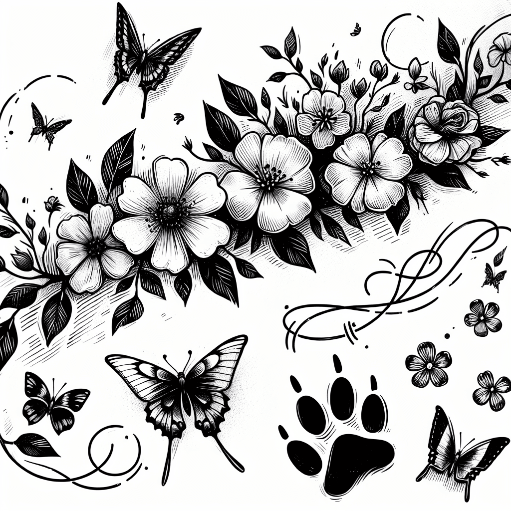 Flowers On A Vine Surrounded By Butterflies And Paw Prints Edgy Alternative