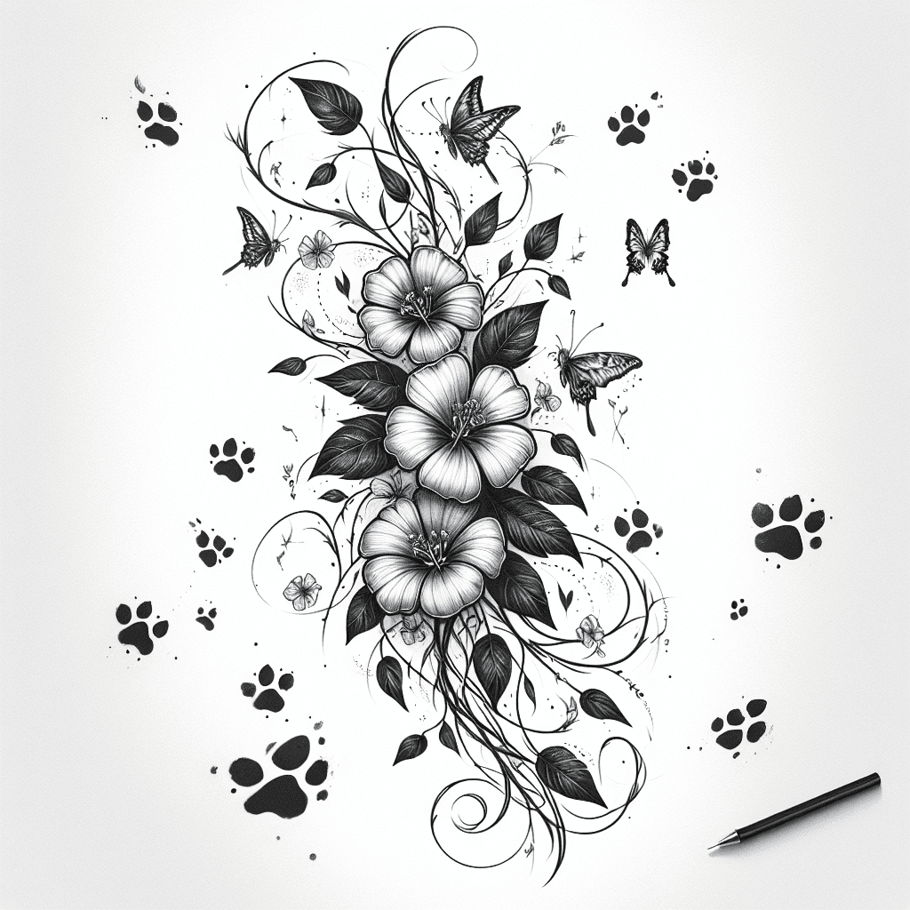 Flowers On A Vine Surrounded By Butterflies And Paw Prints Edgy Alternative