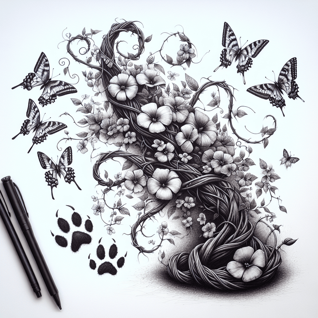 Flowers On A Vine Surrounded By Butterflies And Paw Prints Edgy Alternative