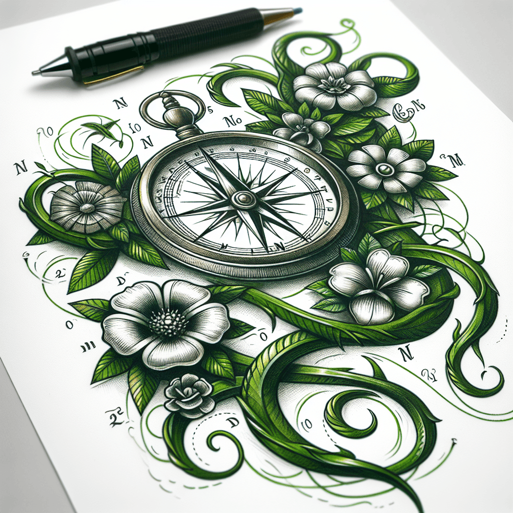 A Detailed Compass With Vines Surrounding It. 12 Different Flowers