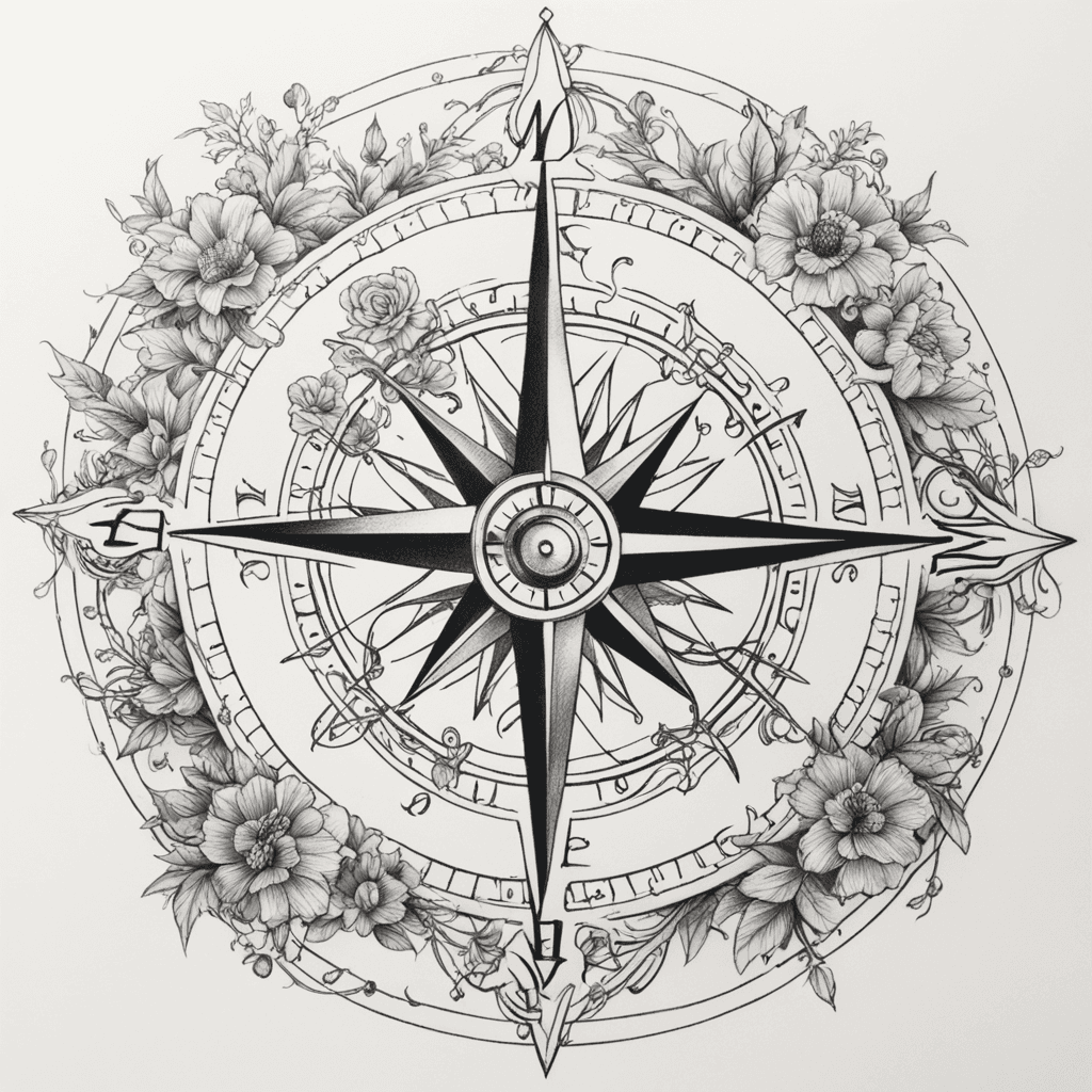 A Detailed Compass With Vines Surrounding It. 12 Different Flowers