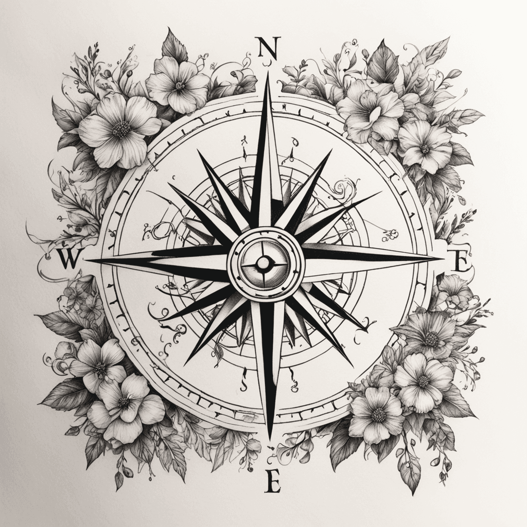 A Detailed Compass With Vines Surrounding It. 12 Different Flowers