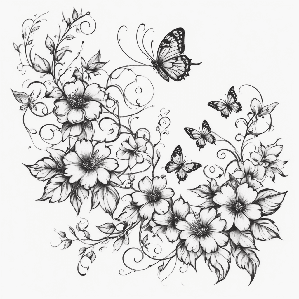 Flowers On A Vine Surrounded By Butterflies And Paw Prints Edgy Alternative