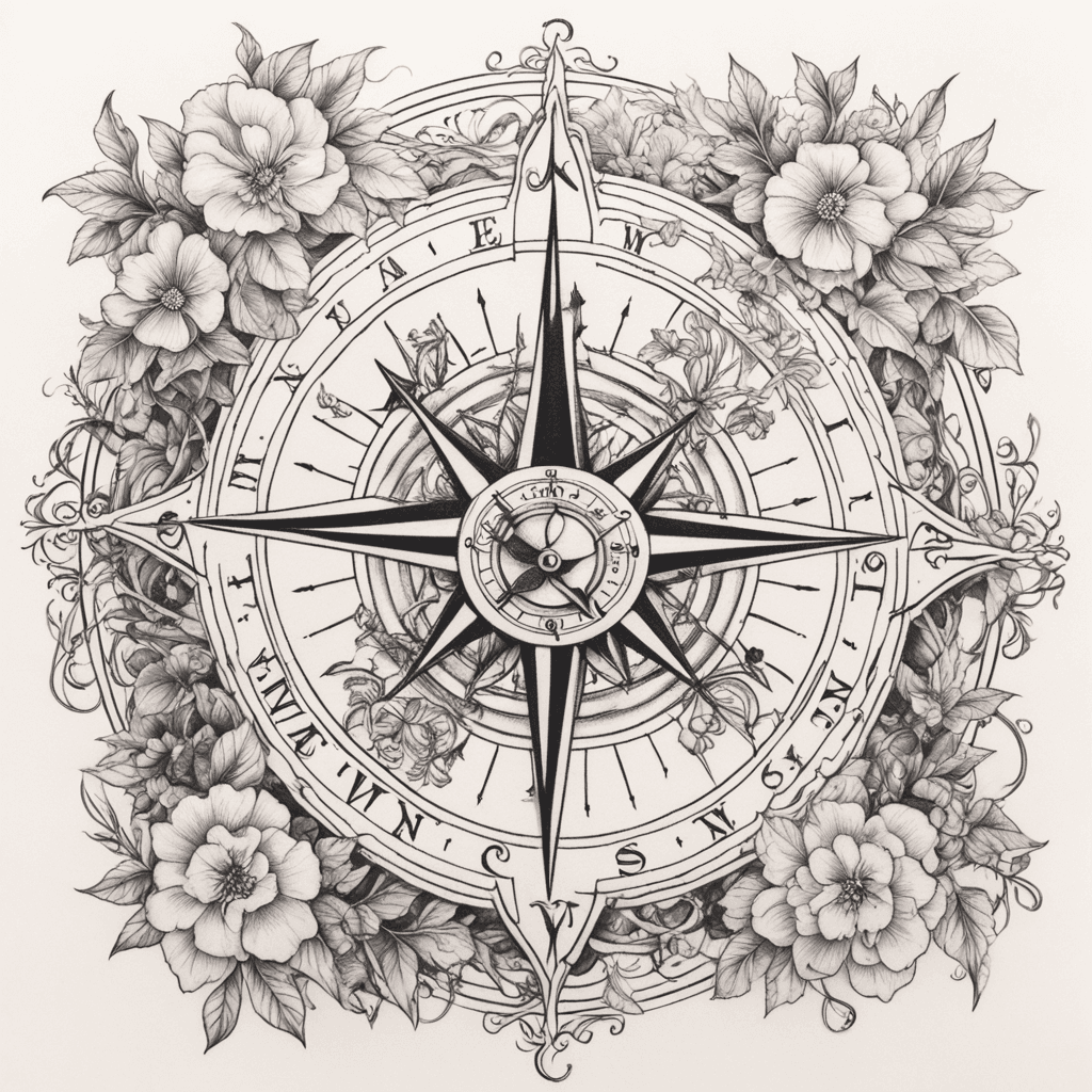 A Detailed Compass With Vines Surrounding It. 12 Different Flowers