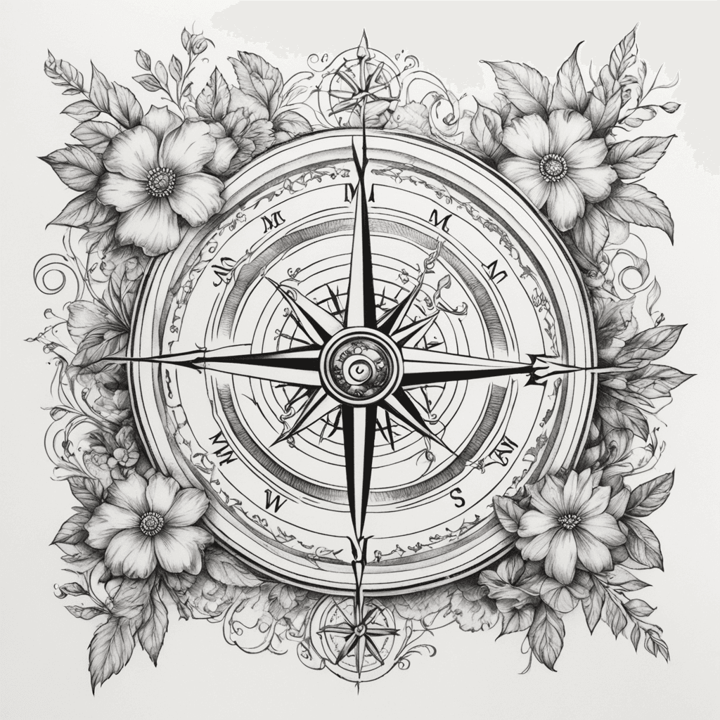 A Detailed Compass With Vines Surrounding It. 12 Different Flowers
