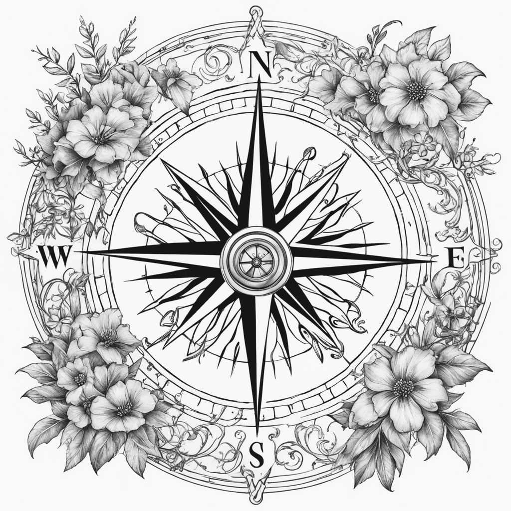 A Detailed Compass With Vines Surrounding It. 12 Different Flowers