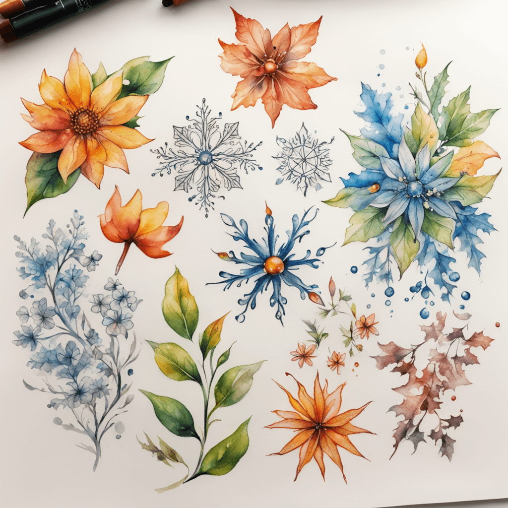 With four seasons as the theme, the elements include flowers representing spring, the sun representing summer, leaves representing autumn, and snowflakes representing winter