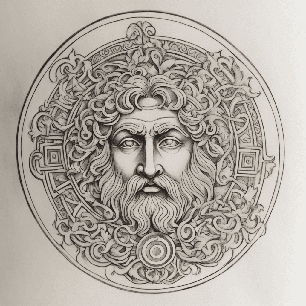 Greek pottery, inside it a coin with Roman God of doors Janus