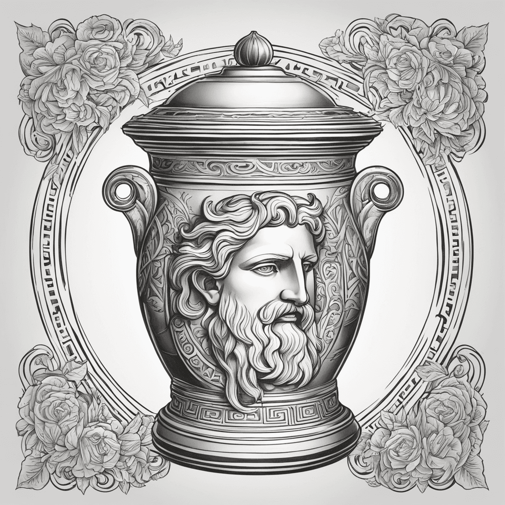Greek pottery jar, inside it a coin with Roman God of doors Janus