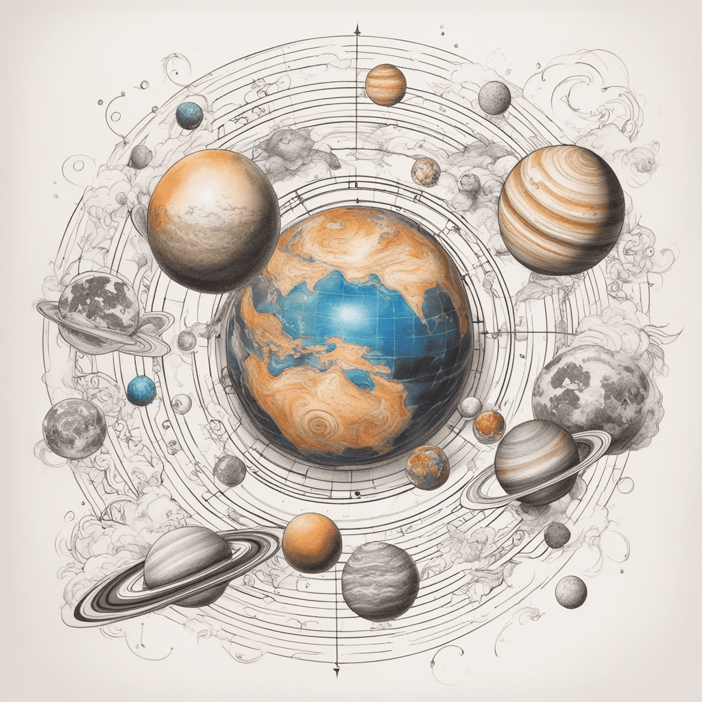 solar system 3d abstract davinchi style with colored earth
