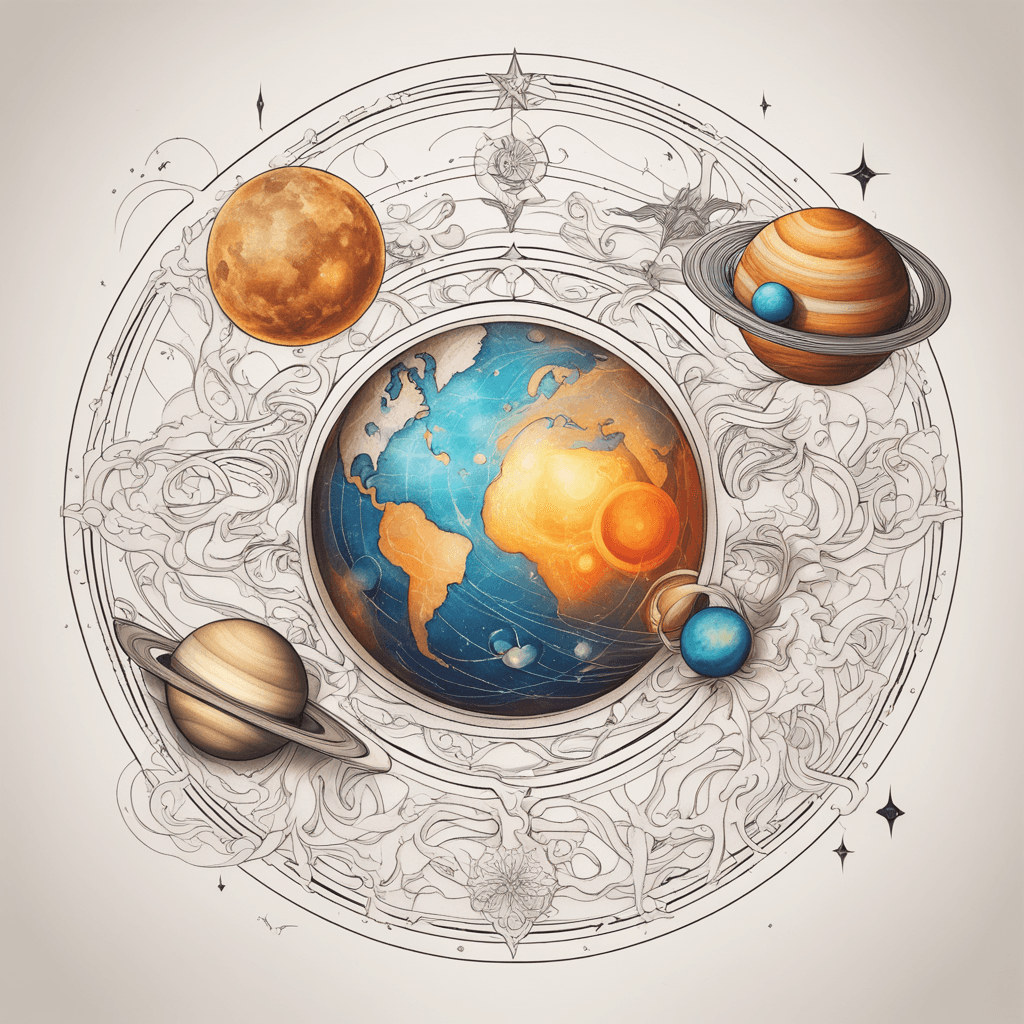 solar system 3d abstract davinchi style with colored earth and ukrainian ornament