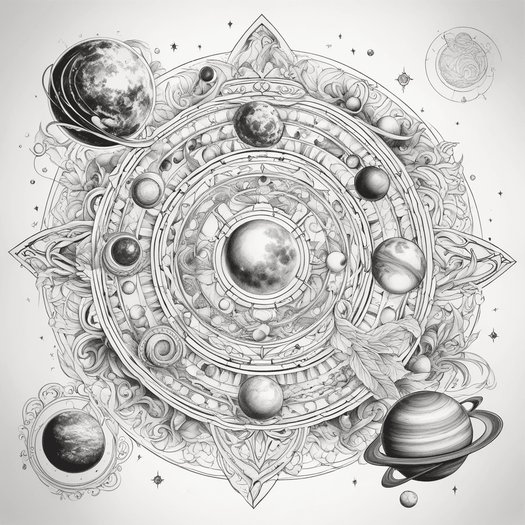 solar system 3d abstract davinchi style with only eart colored and ukrainian ornament