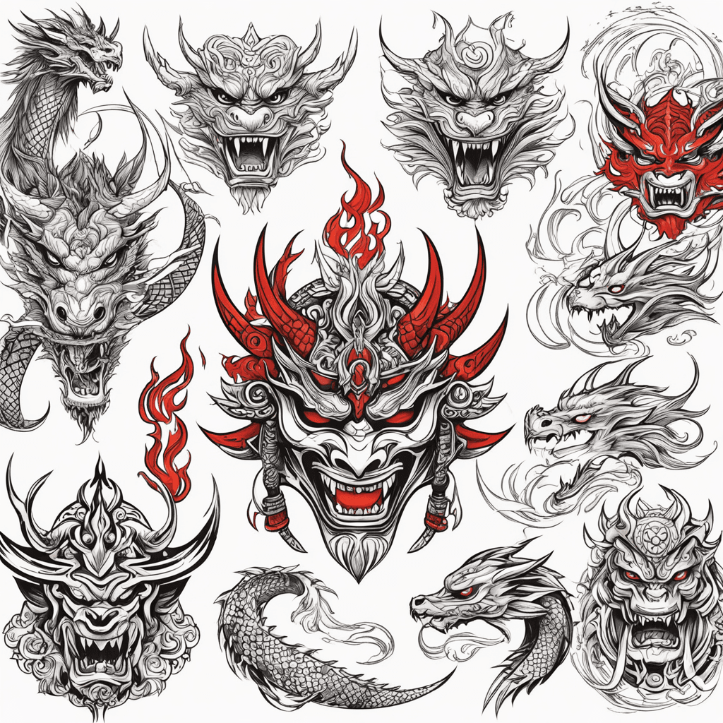 Samurai, mask, japanese, red, sword, dragon, fire