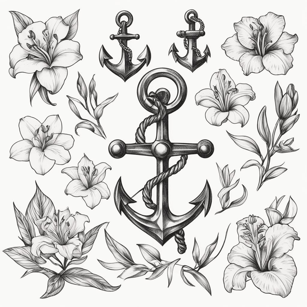 ruby, lily, iris, anchor