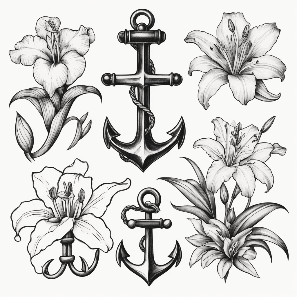 ruby, lily, iris, anchor