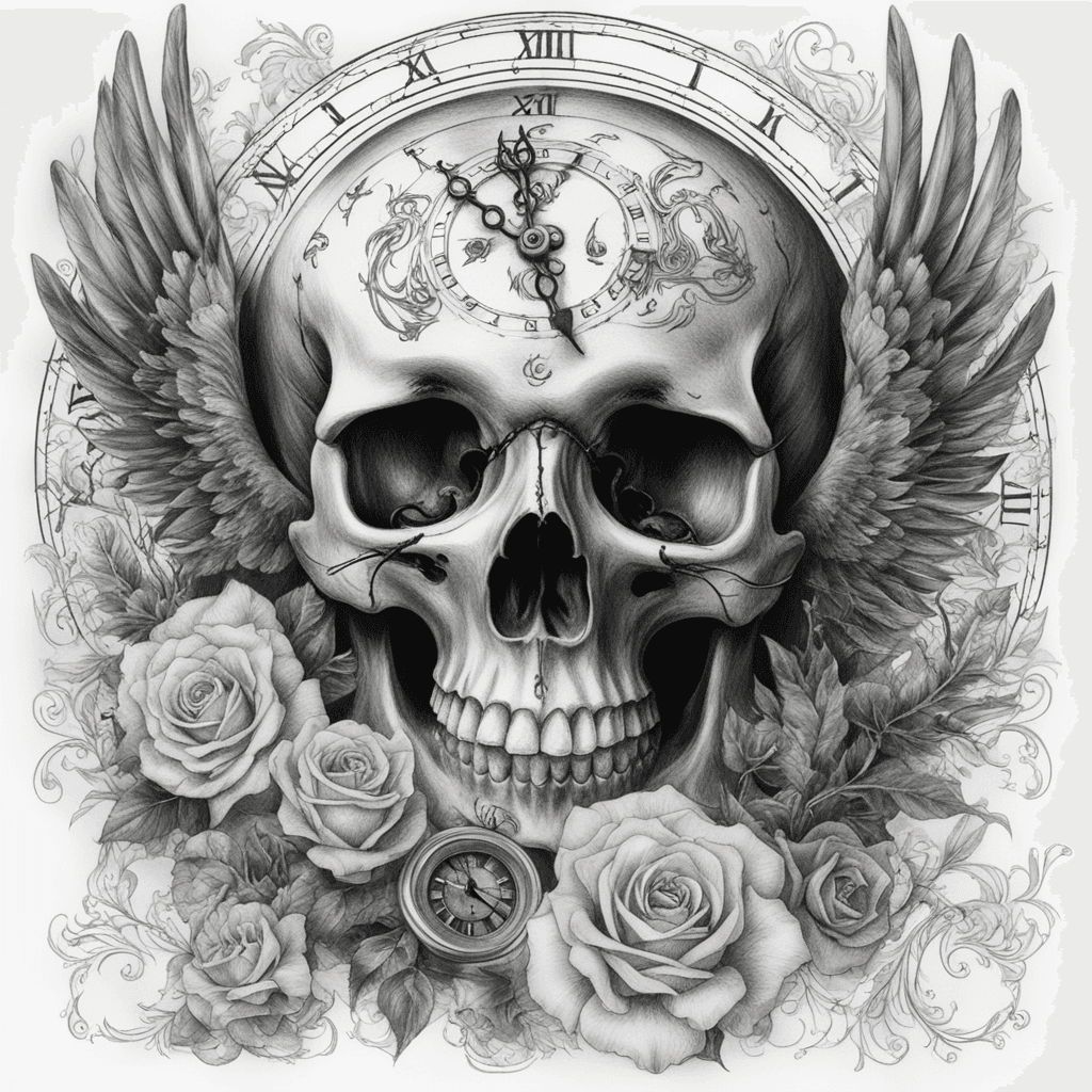 death and angel in a skull with clock, wood as background