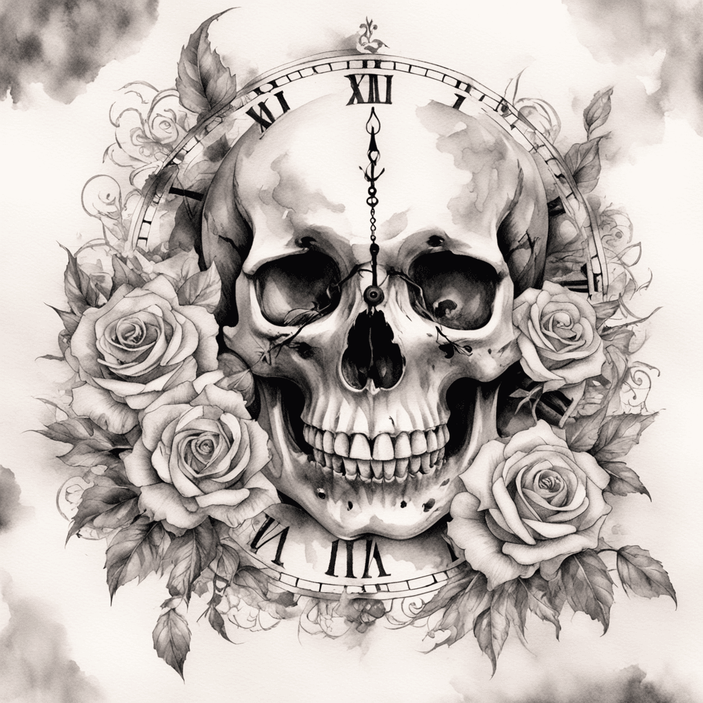 death in a skull with clock, many wood as background, no roses