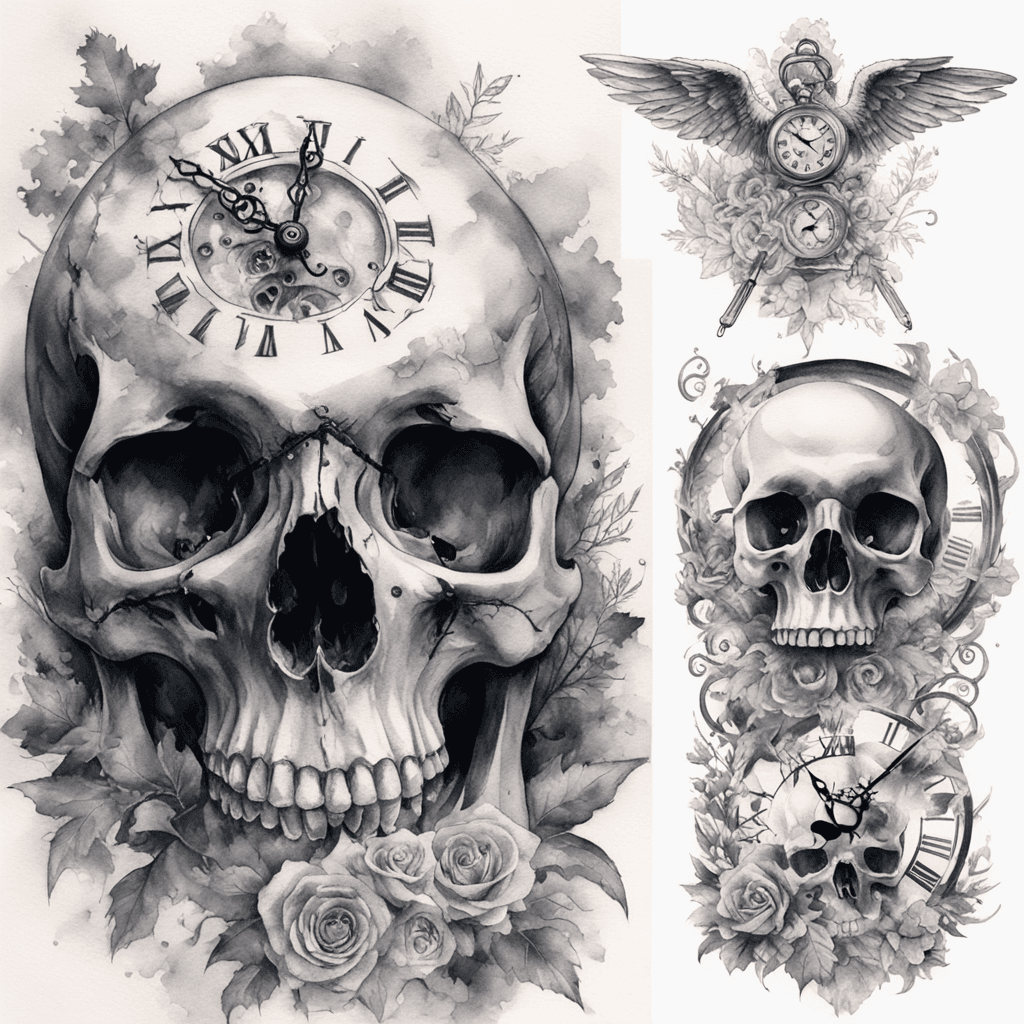 death with angel in a skull with clock, trees background, forearm tattoo