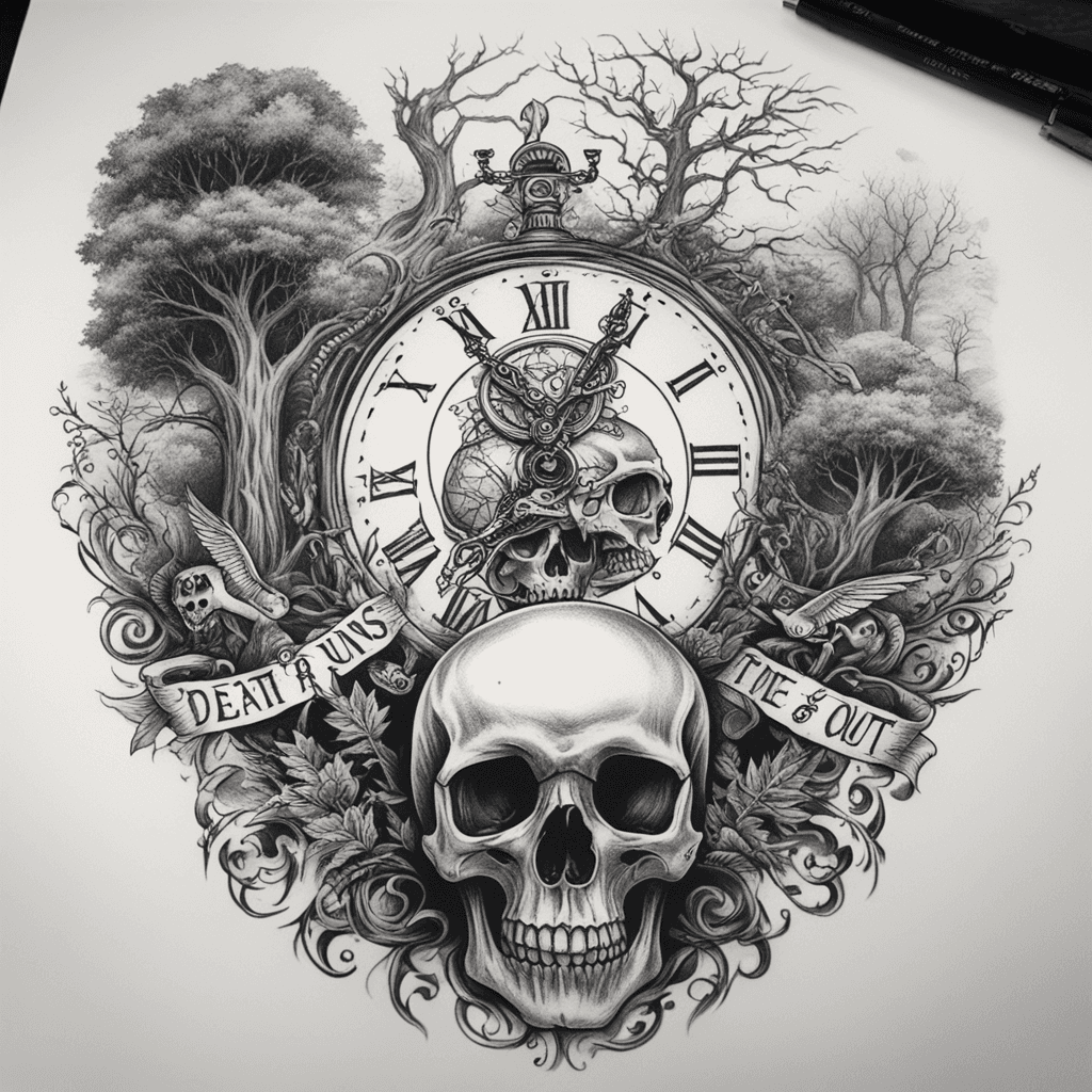 death and angel in a skull with clock, big trees background, text "Time runs out" forearm tattoo