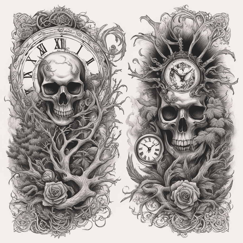 death and angel in a skull with clock, big trees background, text "Time runs out", long forearm tattoo
