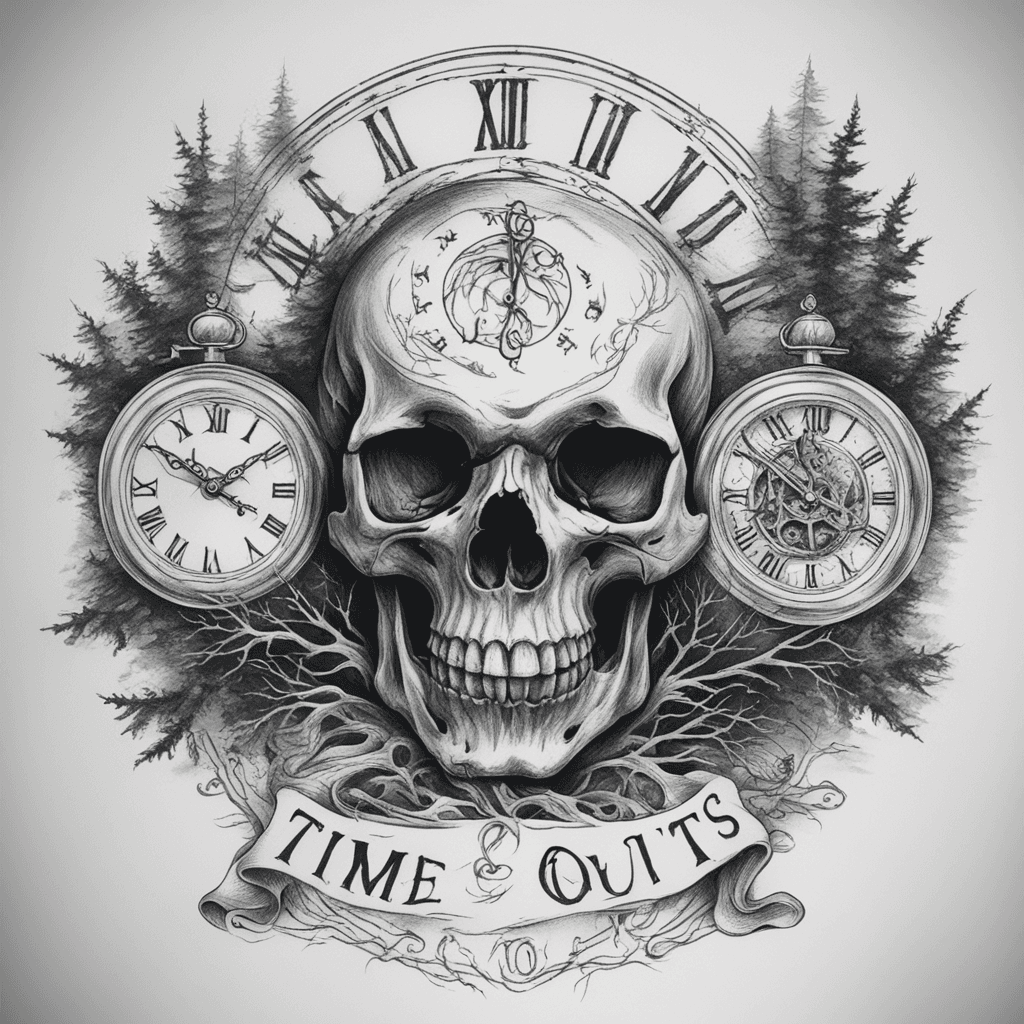 death and decay in a skull with clock, big trees background, text as flag: "Time runs out", long forearm tattoo