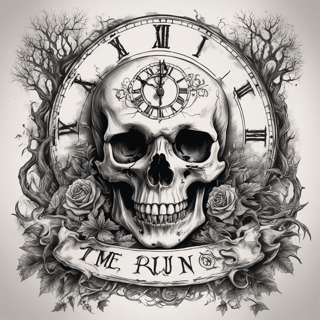 death and decay in a skull with clock on its forehead, big trees background, text as flag: "Time runs out", long forearm tattoo