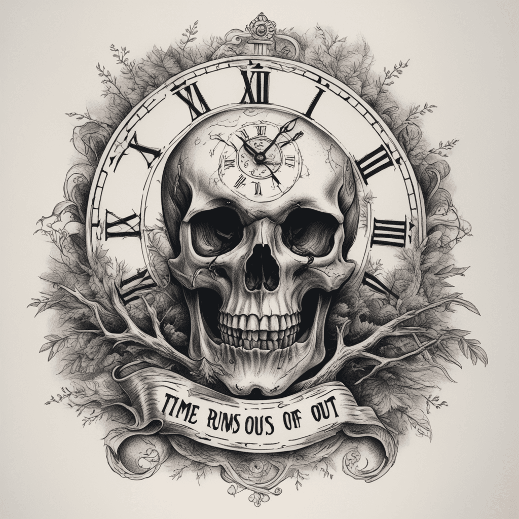 death and decay in a skull with clock on its forehead, big trees background, text: "Time runs out" in front of skull, long upper arm tattoo