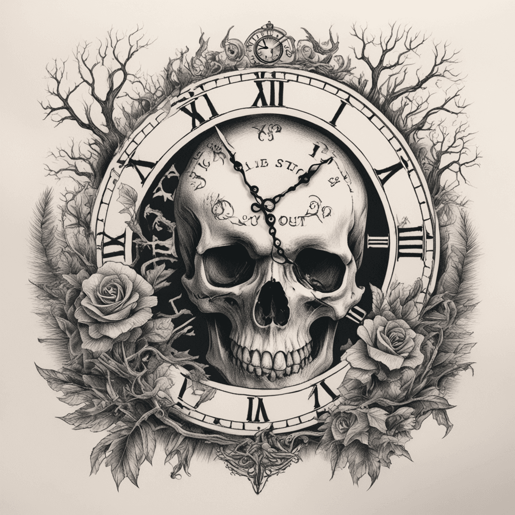 death and decay in a skull with clock on its forehead, big trees background, text: "Time runs out" in front of skull, long arm tattoo