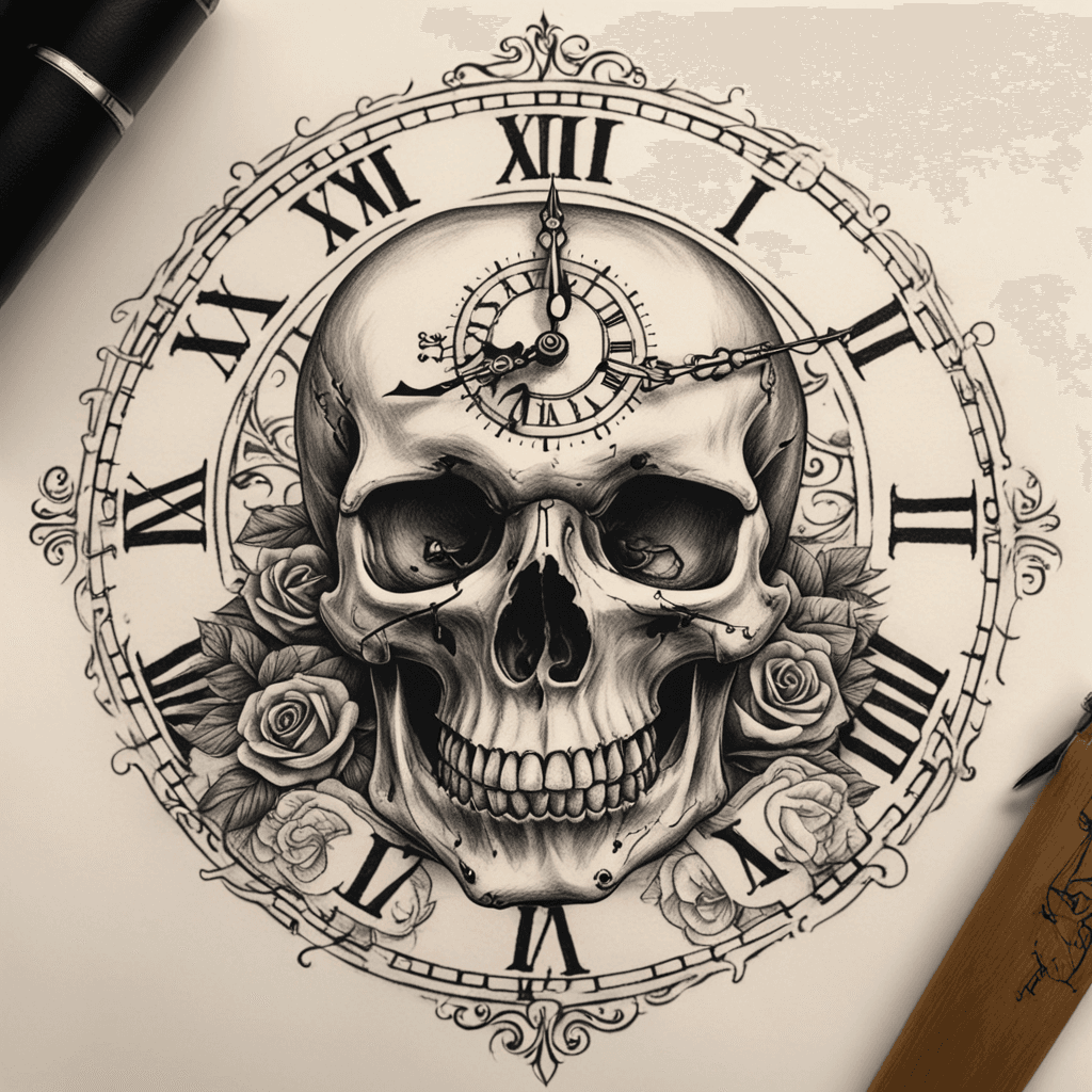 skull with clock on its forehead, wooden background, text: "Time runs out" in front of skull, long upper arm tattoo