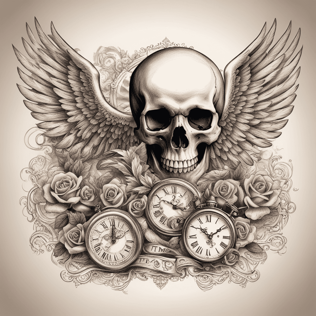 skull with clock on its forehead and angel with wings, wooden background, text: "Time runs out" in front of skull, long arm tattoo