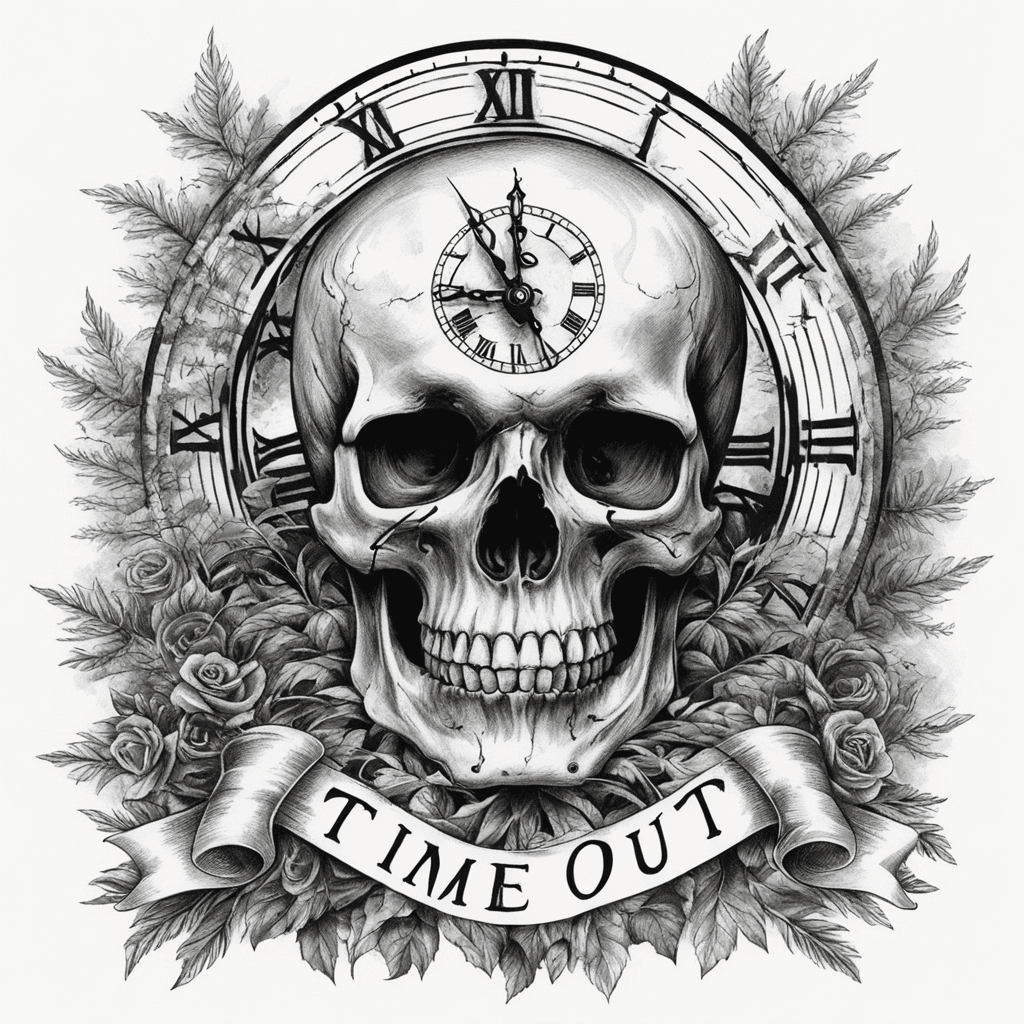 skull with clock on its forehead, big trees background, text: "Time runs out" flag in front of skull, long arm tattoo