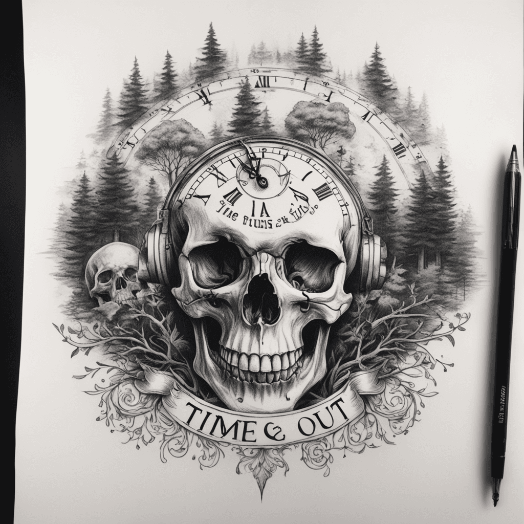 long upper arm tattoo, skull with clock on its forehead, big trees background, text: "Time runs out" in skull