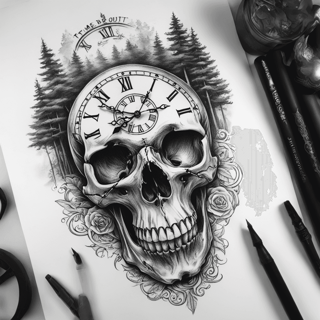 long stretched upper arm tattoo, skull with clock on its forehead, big trees background, text: "Time runs out" in skull