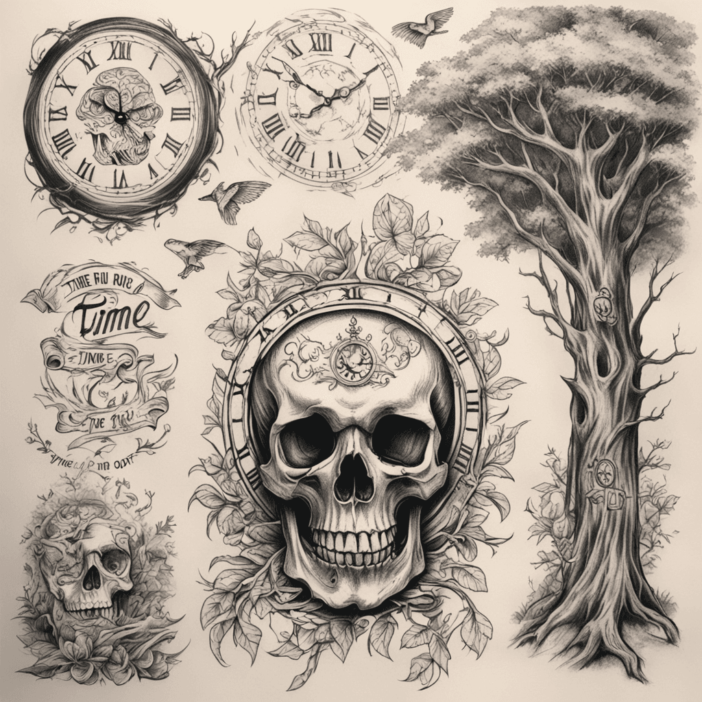 long stretched upper arm tattoo, clock and a skull, big trees background, text: "Time runs out" in skull