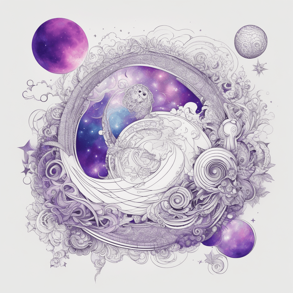 abstract vector fractal, wave function, Zentangle, 3d shading. Use bright abstract colors (eg purple, blue, pink) and lines to create a sense of cosmic depth. You can also add geometric elements such as triangles, circles or wave-like shapes to represent the stars and planets. Picture a little astronaut floating in space amidst an abstract galaxy. It can have the appearance of a silhouette or be made in the style of minimalism to emphasize the cosmic background. Add shadow and glow elements to create a three-dimensional impression in your tattoo. For example, stars can have brighter highlights, and deep space can be depicted with perspective and shimmering colors. The image of an astronaut can be made using shadows and highlights, which give it volume and realism. For example, shadows under the arms or the movement of clothing can create the effect of depth and movement. Try to combine abstraction (such as an abstract galaxy background) with some realistic astronaut details. For example, an astronaut may have realistic facial features, but his uniform and clothing may be abstractly stylized. 8k resolution holographic astral cosmic illustration mixed media by Pablo Amaringo sinister by Greg Rutkowski. add more distant stars, make cosmic waves more fluid and make astronaut smaller