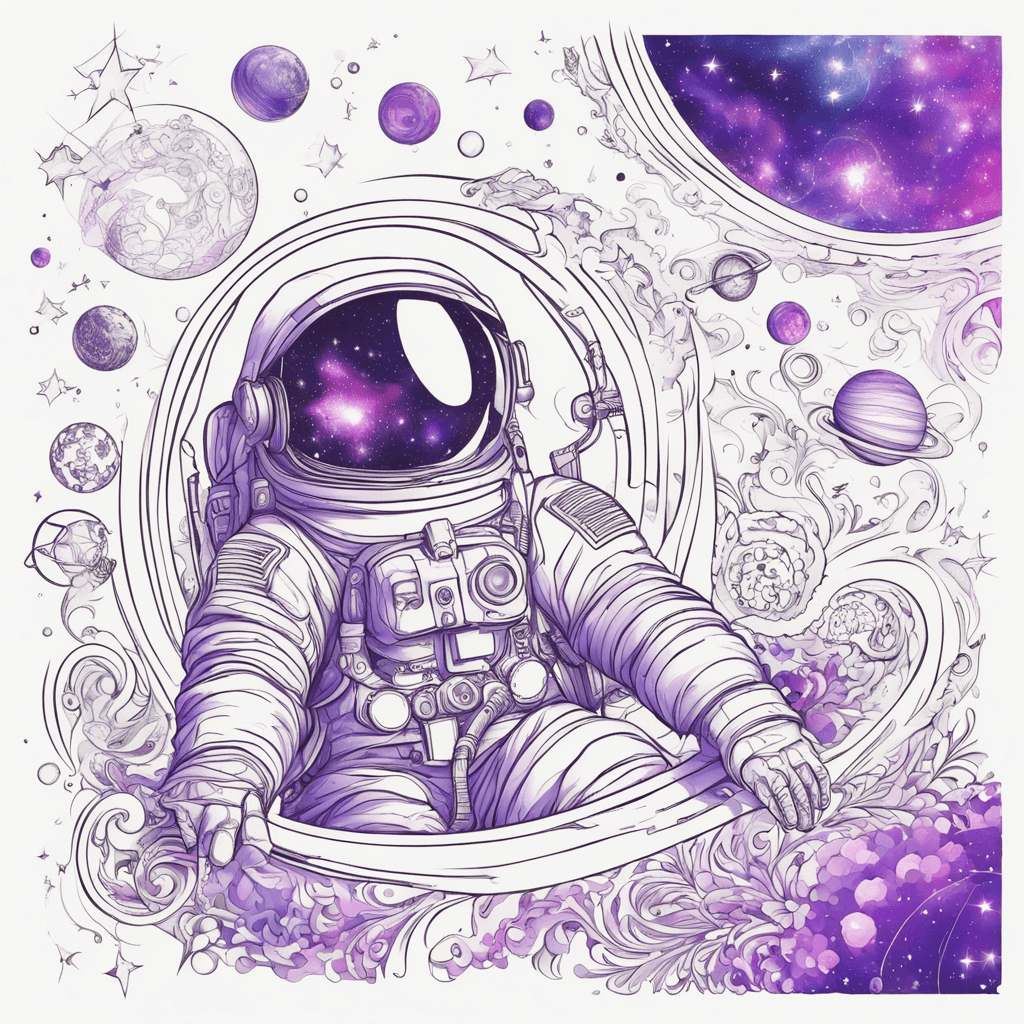 abstract vector fractal, wave function, Zentangle, 3d shading. Use bright abstract colors (eg purple, blue, pink) and lines to create a sense of cosmic depth. You can also add geometric elements such as triangles, circles or wave-like shapes to represent the stars and planets. Picture a little astronaut floating in space amidst an abstract galaxy. It can have the appearance of a silhouette or be made in the style of minimalism to emphasize the cosmic background. Add shadow and glow elements to create a three-dimensional impression in your tattoo. For example, stars can have brighter highlights, and deep space can be depicted with perspective and shimmering colors. The image of an astronaut can be made using shadows and highlights, which give it volume and realism. For example, shadows under the arms or the movement of clothing can create the effect of depth and movement. Try to combine abstraction (such as an abstract galaxy background) with some realistic astronaut details. For example, an astronaut may have realistic facial features, but his uniform and clothing may be abstractly stylized. 8k resolution holographic astral cosmic illustration mixed media by Pablo Amaringo sinister by Greg Rutkowski. add more distant stars, make cosmic waves more fluid and make astronaut smaller