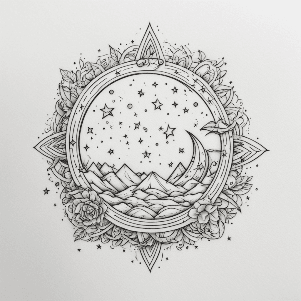 simple small eclipse tattoo with lines and stars