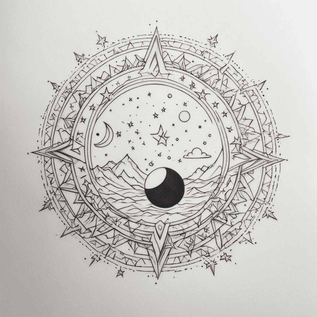 simple small eclipse tattoo with lines and stars