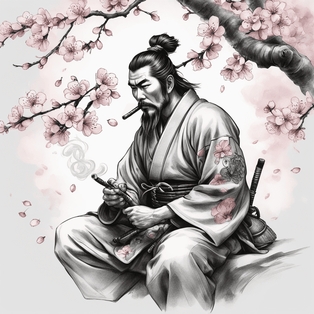 a japanese samurai smoking a pipe underneath cherry blossom tree with a breeze carrying over cherry blossom pedals
