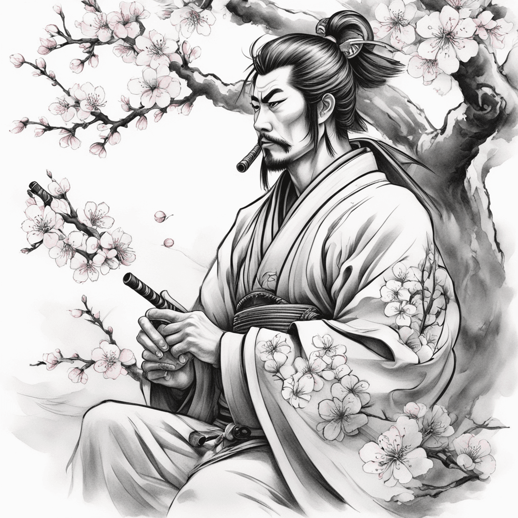 a japanese samurai smoking a pipe underneath cherry blossom tree with a breeze carrying over cherry blossom pedals