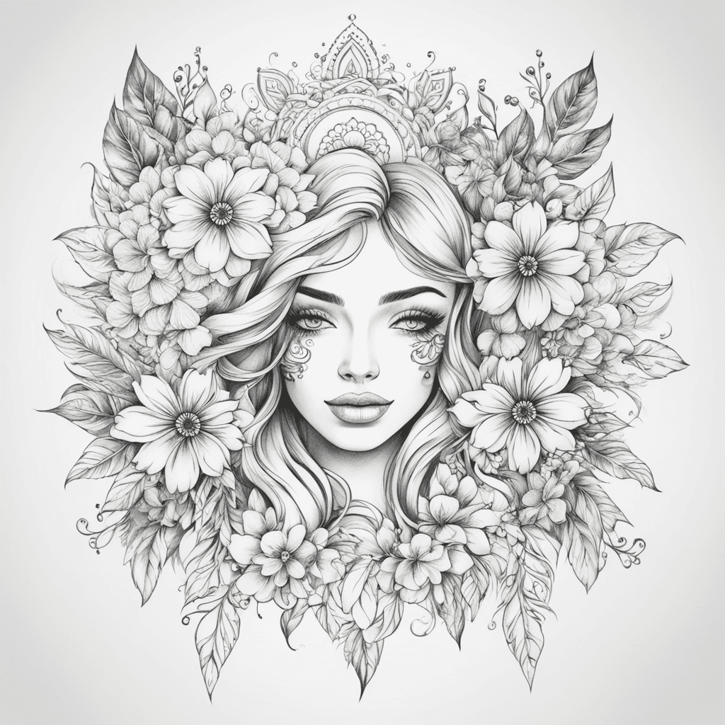 beautiful woman face, flowers, mandala, large thigh tattoo