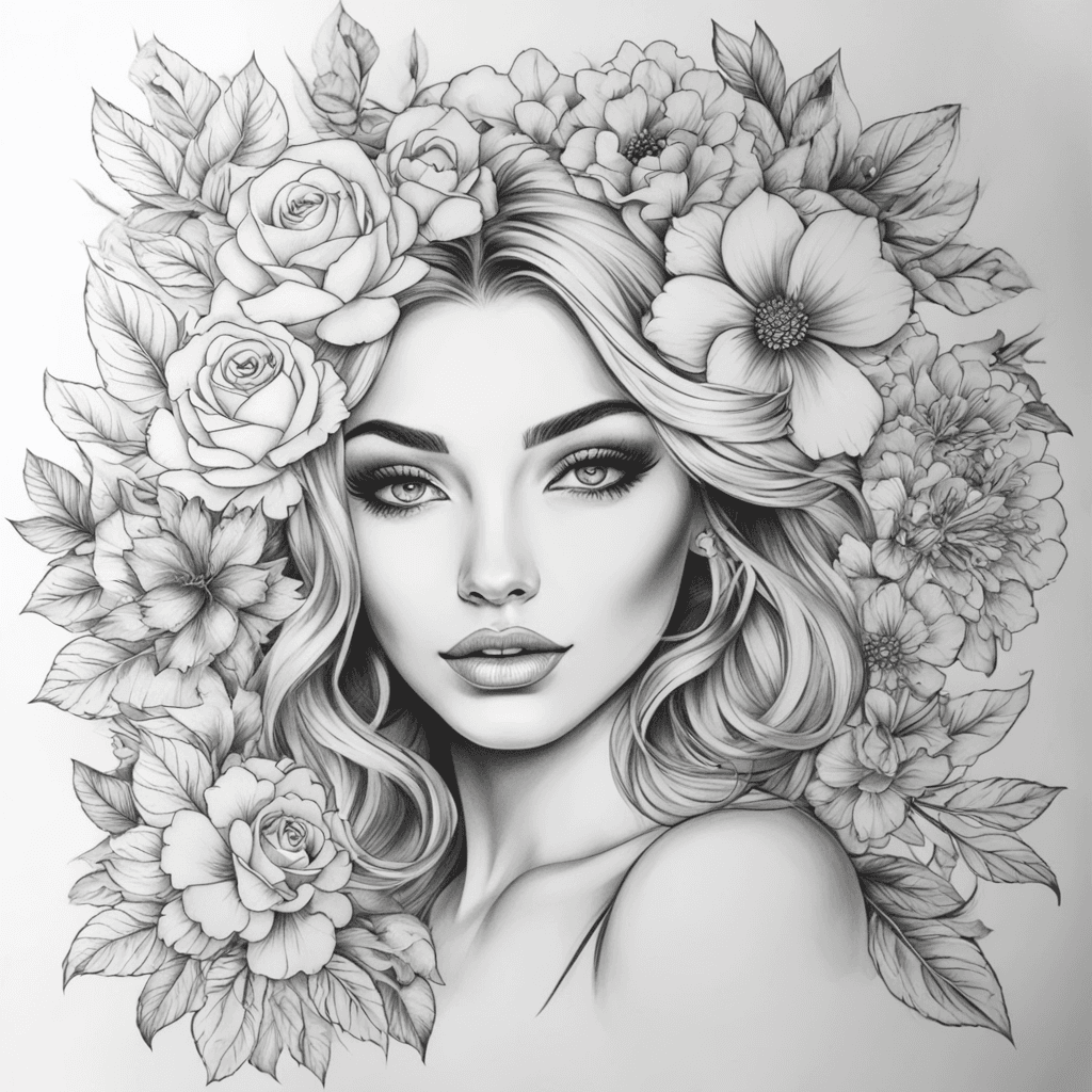 beautiful woman face, flowers, mandala, large thigh tattoo