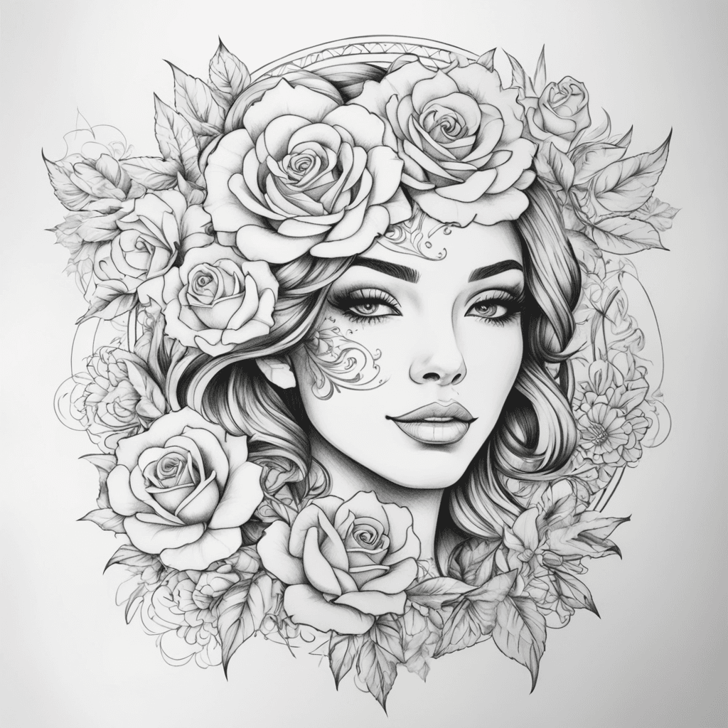 beautiful woman face, mandala, 3 roses, on woman thigh