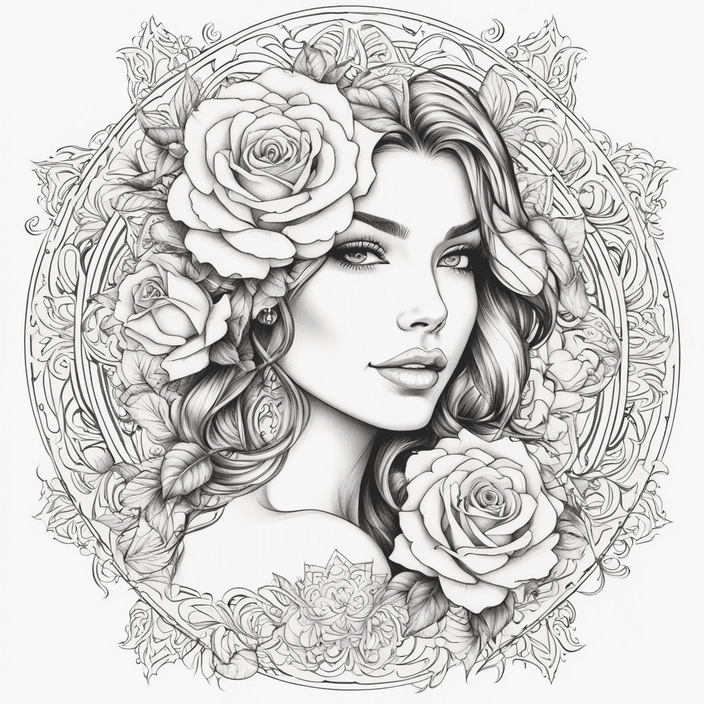 beautiful woman face, mandala, 3 roses, vertical image