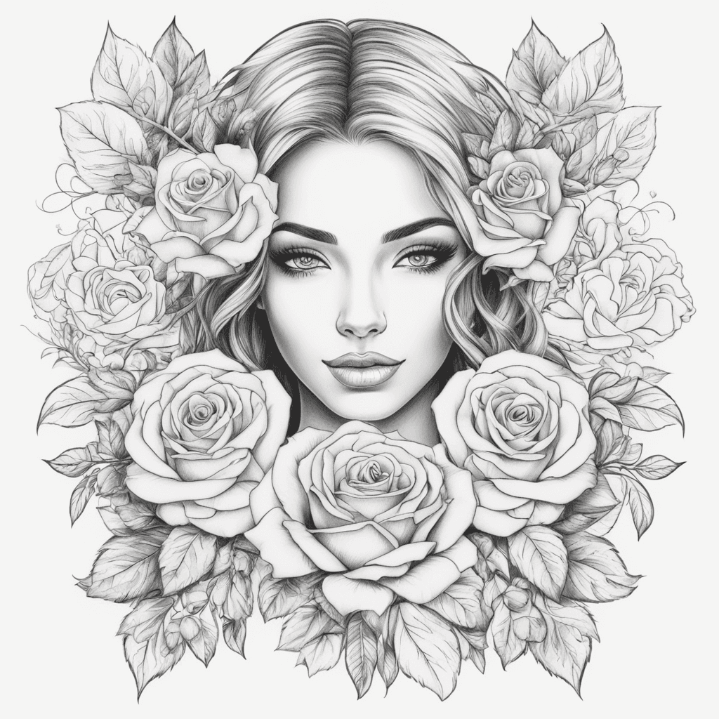 beautiful woman face, mandala, 3 roses, vertical image