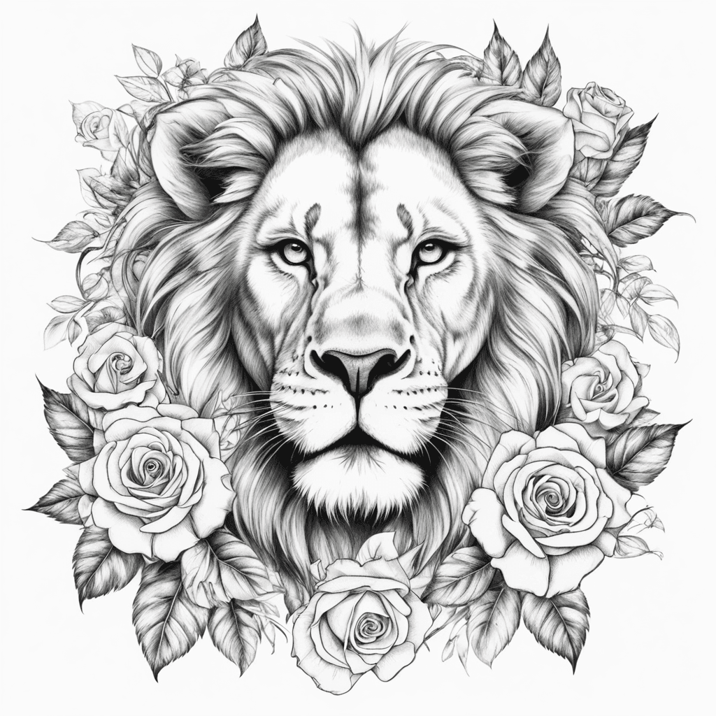 lion head, skull, roses