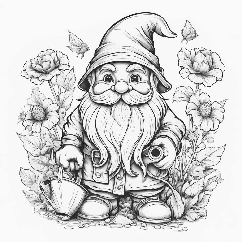 garden gnome holding a watering can cartoon style like a coloring book page